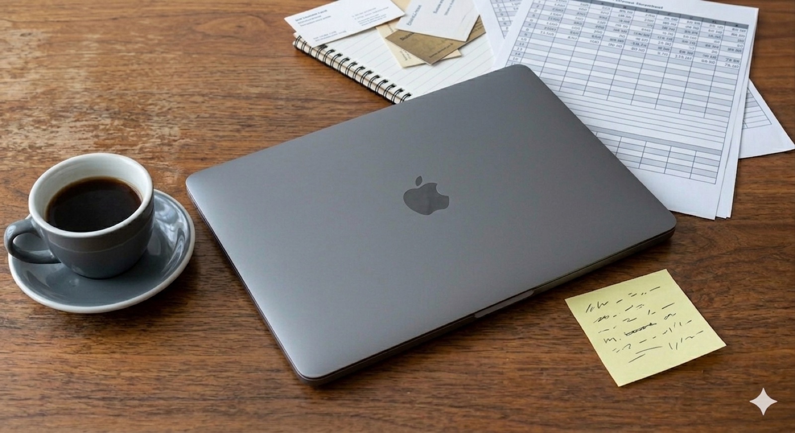 Closed MacBook on an untidy desk, with cold coffee and a crumpled note next to it