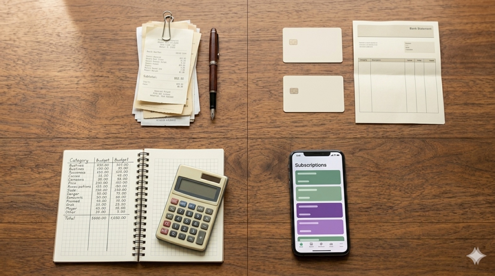 Desk from above with four areas: receipts, bank card, notepad with budget numbers, smartphone with subscription list