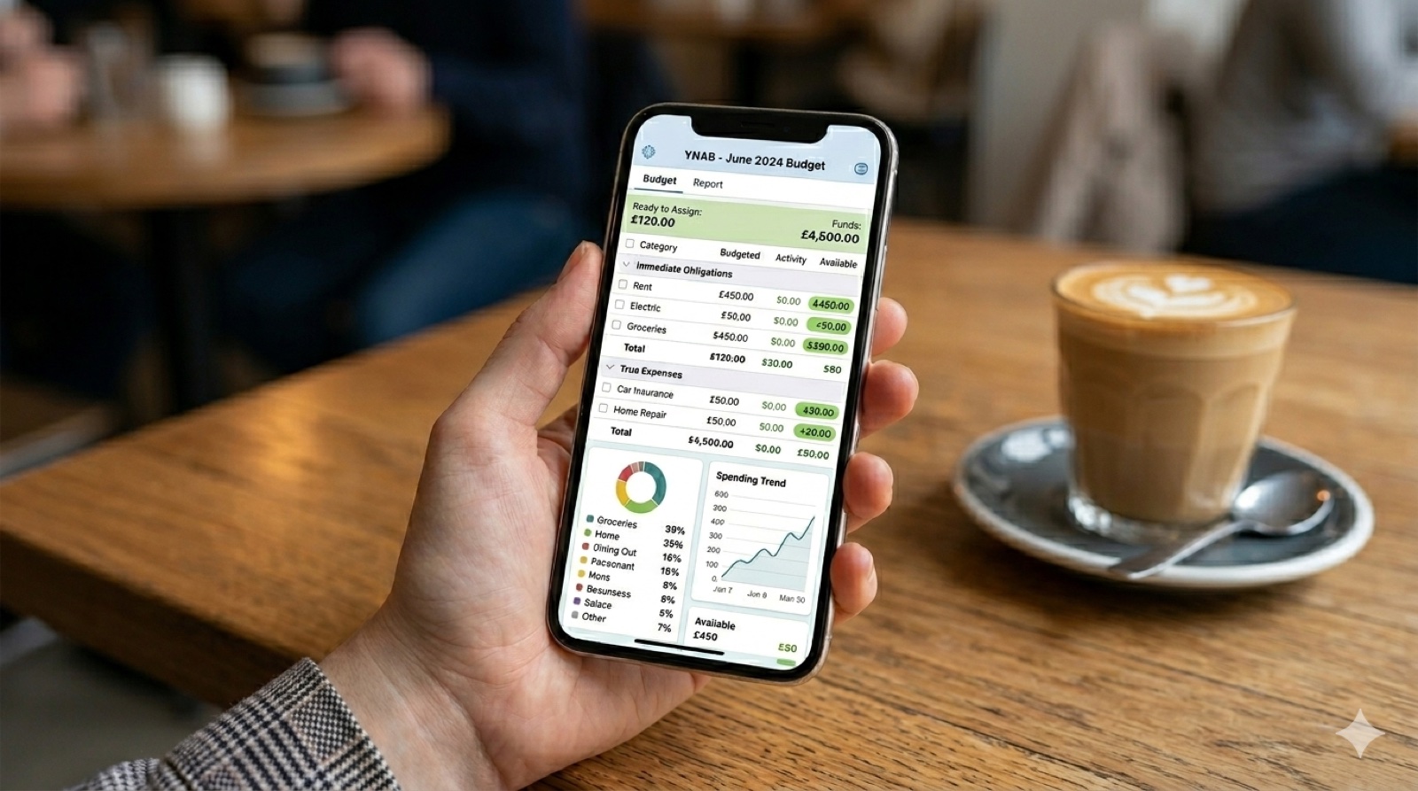 YNAB budget overview on iPhone with categories, assigned amounts, and colour-coded overruns and underruns
