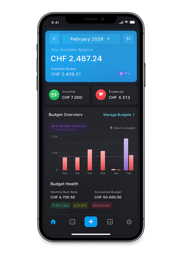 Where's my money? App auf dem iPhone: Übersicht mit verfügbarem Guthaben, Einnahmen, Ausgaben und den letzten Transaktionen.